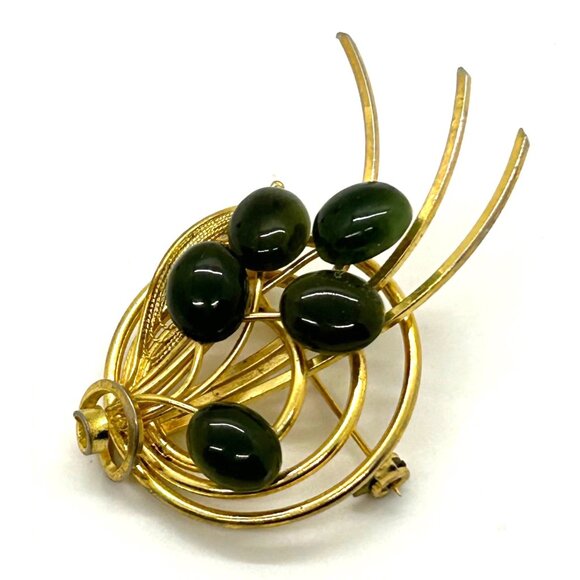 Vintage Gold-Tone Brooch With Green Stone Accents Retro Floral Design Pin - Picture 3 of 13